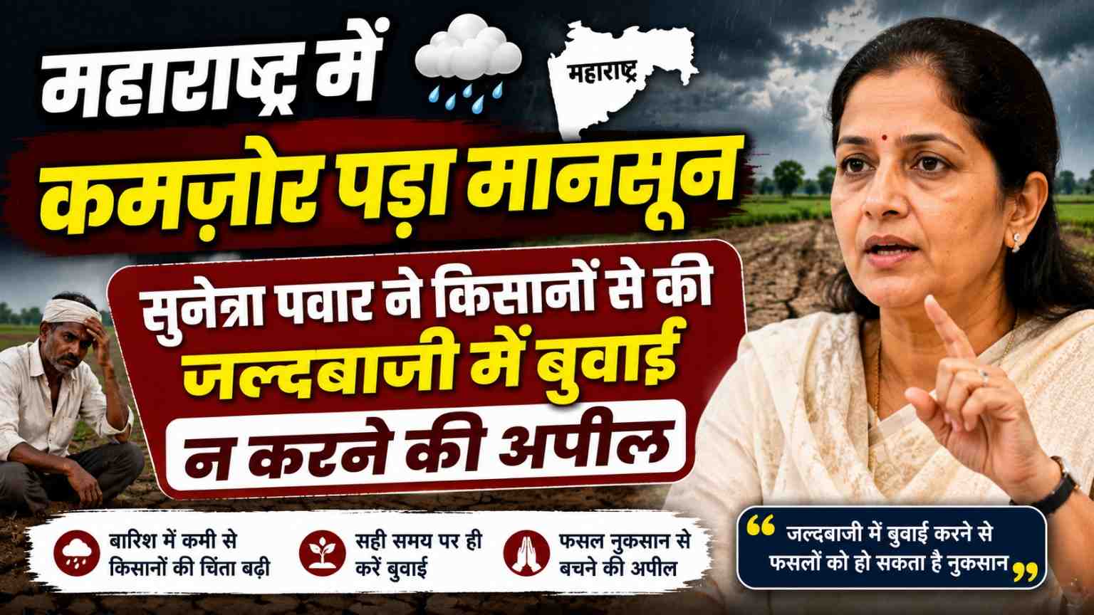महाराष्ट्र में कमजोर पड़ा मानसून सुनेत्रा पवार ने किसानों से